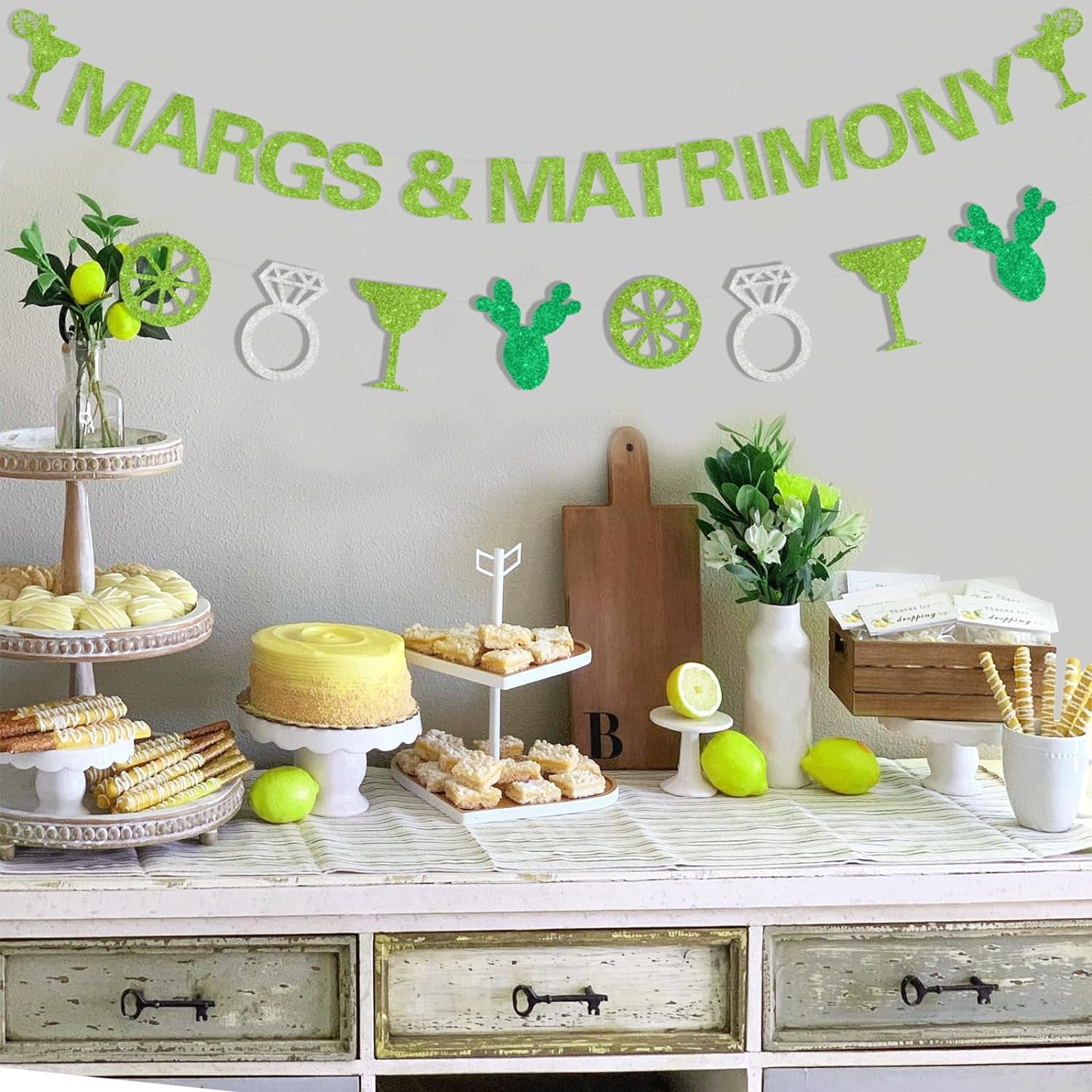 Margarita Bachelorette Party Decorations, Margs & Matrimony Banner for Mexican Fiesta Cactus Bridal Shower Engagement Wedding Supplies Decorations