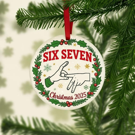Personalized Six Seven 67 Christmas Ornament 2025 | Custom Holiday Wreath Ceramic Keepsake Gift for Friends, Family, Team Celebration