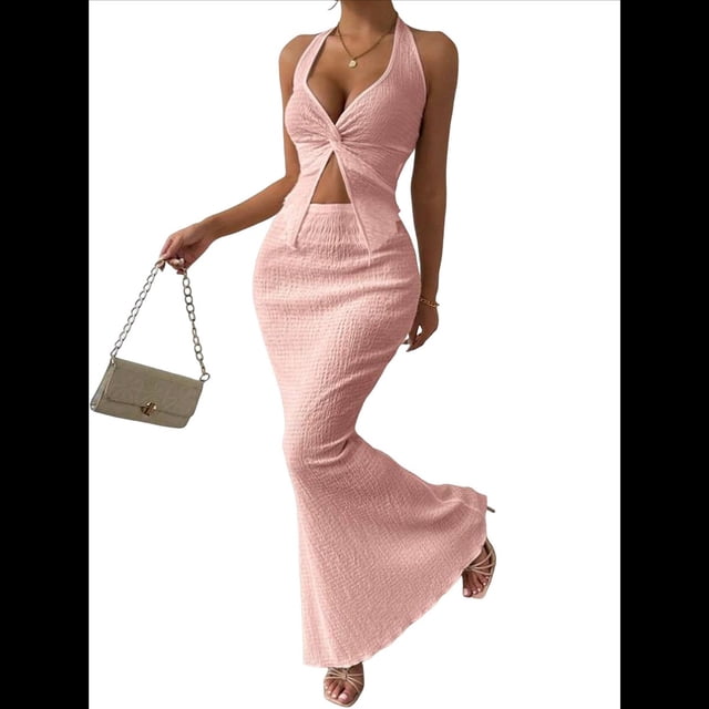 Conjunto de Dos Piezas para Mujer: Top con Cuello Halter y Falda con Frontal, Conjunto de Verano. Rosa M