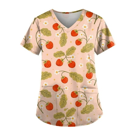 

Apepal Women Printing Short Sleeve V-neck Scrub Tops Fruit Print Working Pocket Blouse