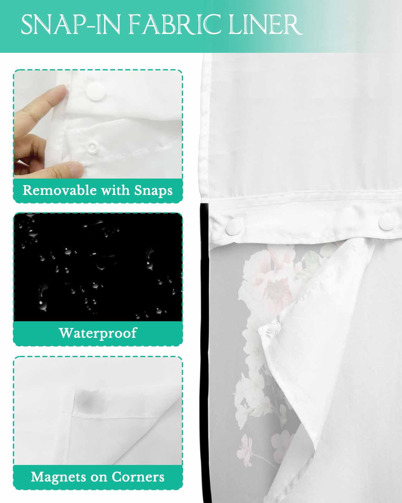 No Hook Shower Curtain with Snap in Liner, Flowers Plant Pink White Floral on Black Hotel Shower Curtains for Bathroom, Washable Shower Curtain Liner Set with Mesh Top Window, 54"x78"