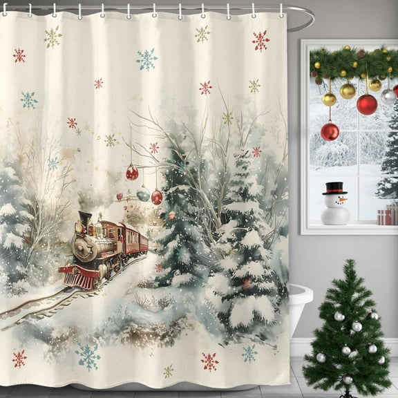 Christmas Shower Curtains for Bathroom, Train Holly Woods Scene Lights Snowflakes Colorful Waterproof Fabric Shower Curtain for Bathroom Bathtub Decoration, Machine Washable, 72"x84"