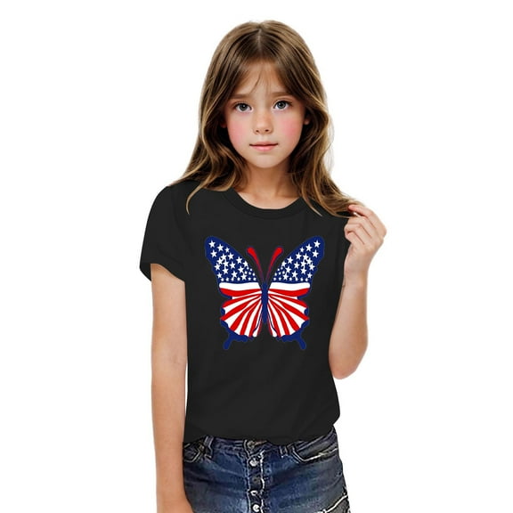 BRGZLK Boys Girls Independence Day T-Shirts Fashion American Flag Printed Round Neck Tees Kids Casual Cozy Short Sleeve Cotton Tops Black 5-6 Years