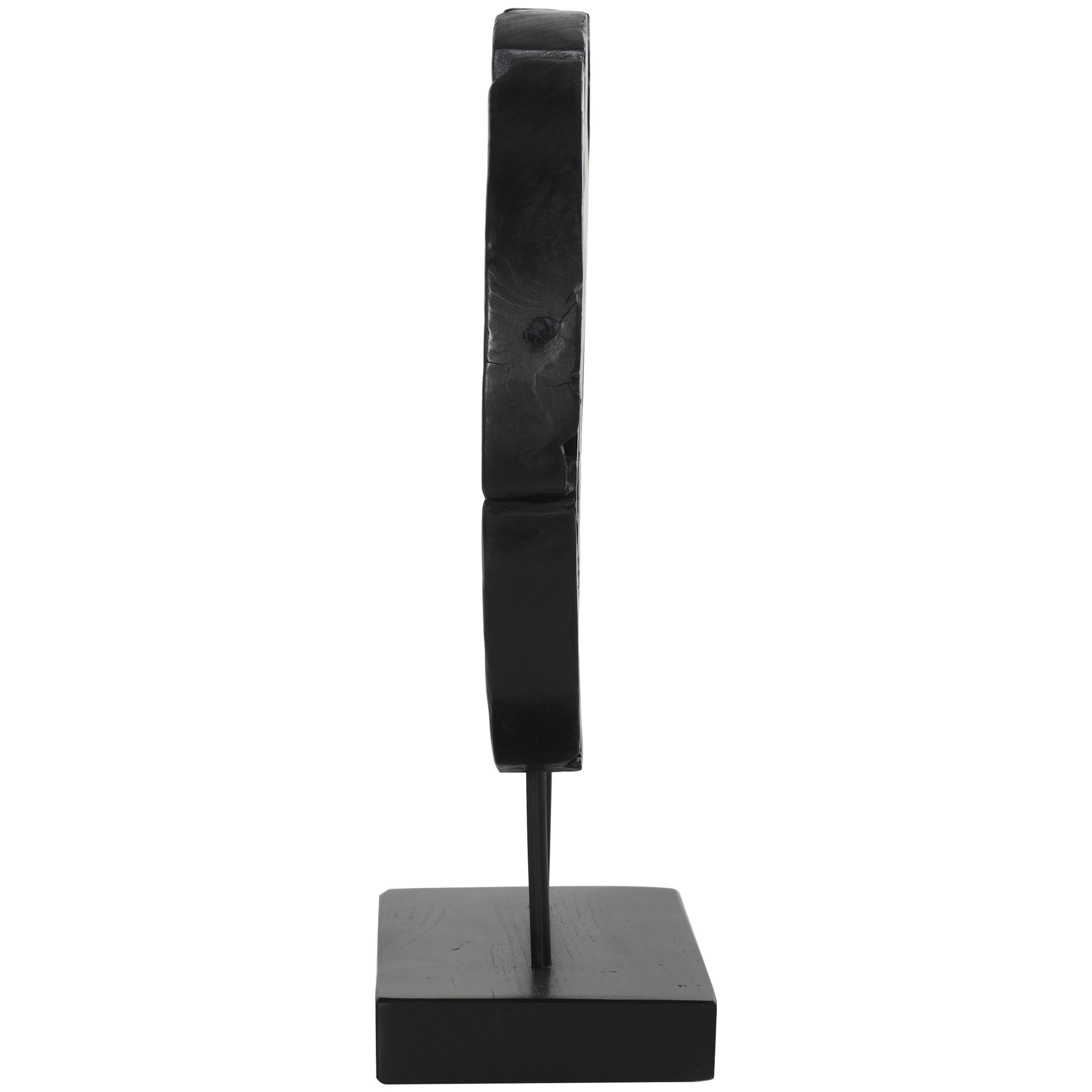 14" x 19" Black Teak Wood Circular Cutout Abstract Sculpture with Natural Wood Grain Patterns and Black Base, by DecMode