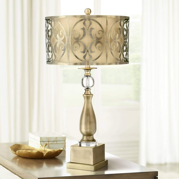 Possini Euro Design Lampe de Table Chandelier Traditionnel Doris 30 1/2 Pouces de Haut en Laiton Découpe Métallique Ajourée Tissu Neutre pour Salon Chambre Chevet Table de Nuit Bureau