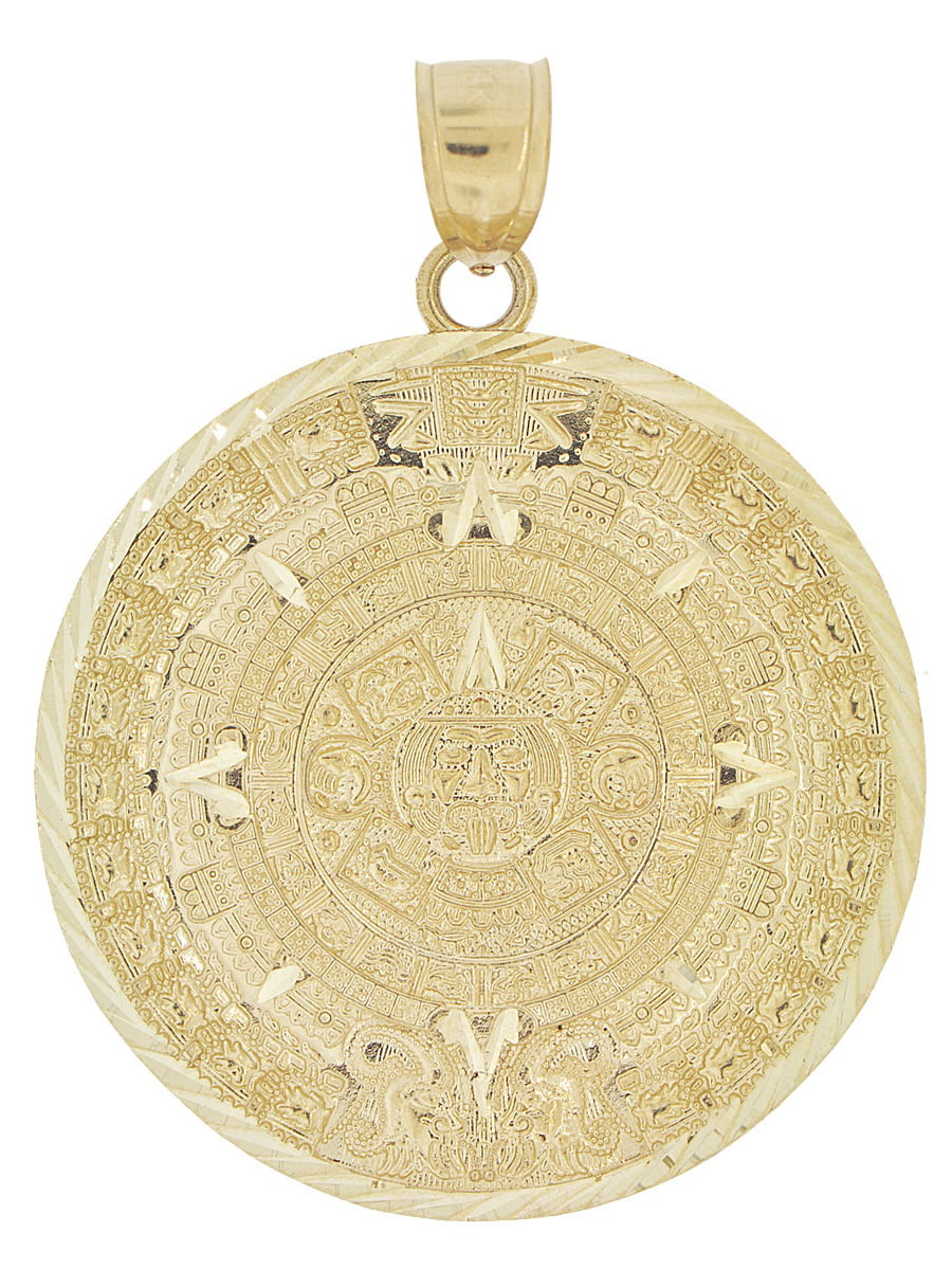 GiveMeGold 14k Yellow Gold, Aztec Calendar Medallion Pendant Charm