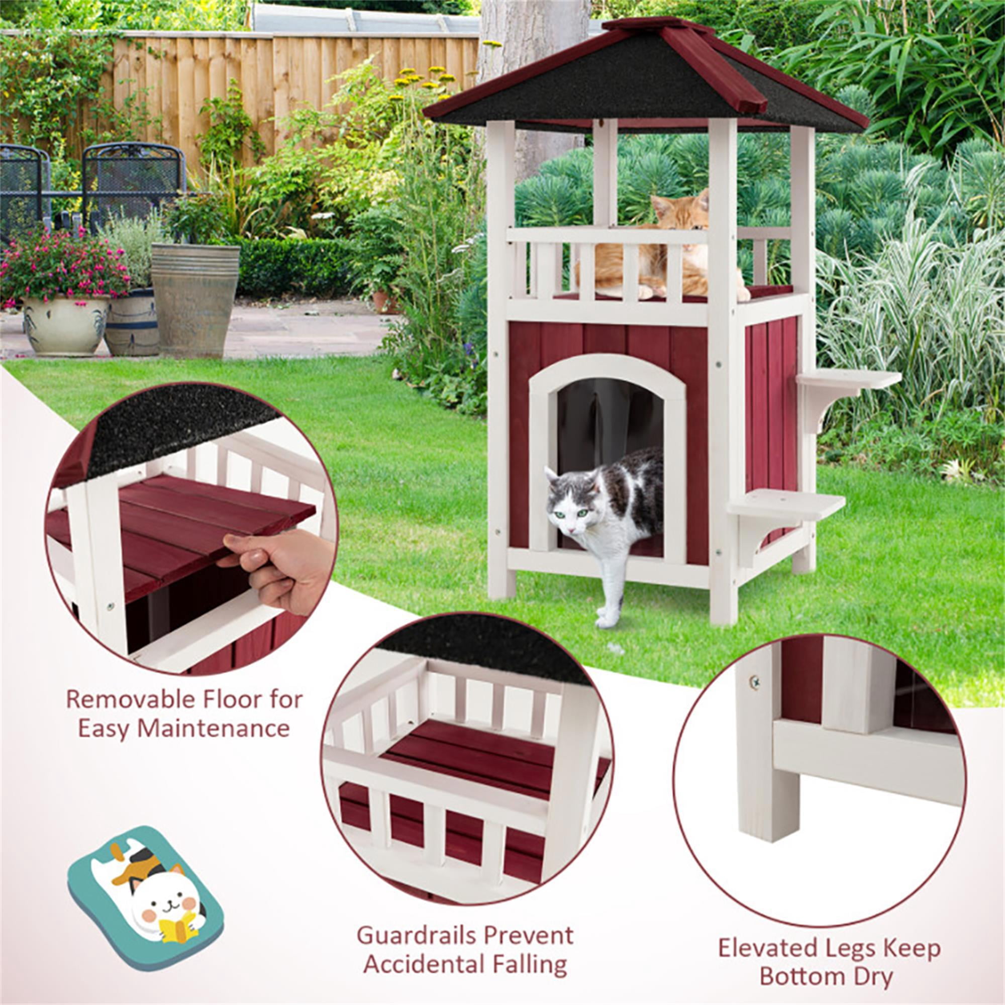 Pefilos 34" Wooden Pet Cat House for Outdoor and Indoor, Feral Cat Shelter with Jumping Platforms, Red