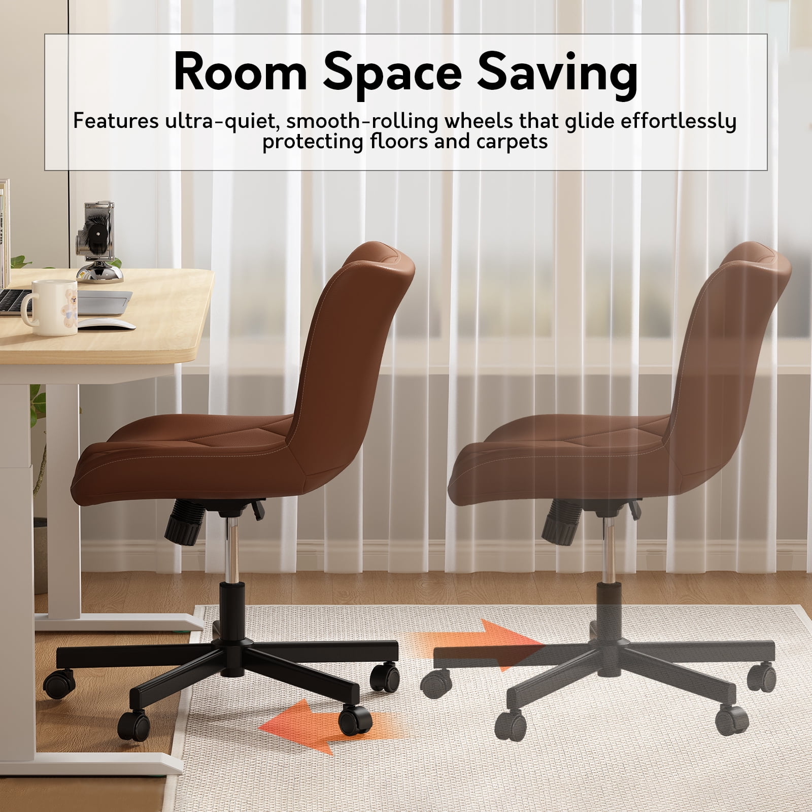 Genpo Armless Desk Chair, Brown Leather Office Desk Chairs with Wheels, Mid Back and Lumbar Support for Computer Home Small Space Vanity Makeup