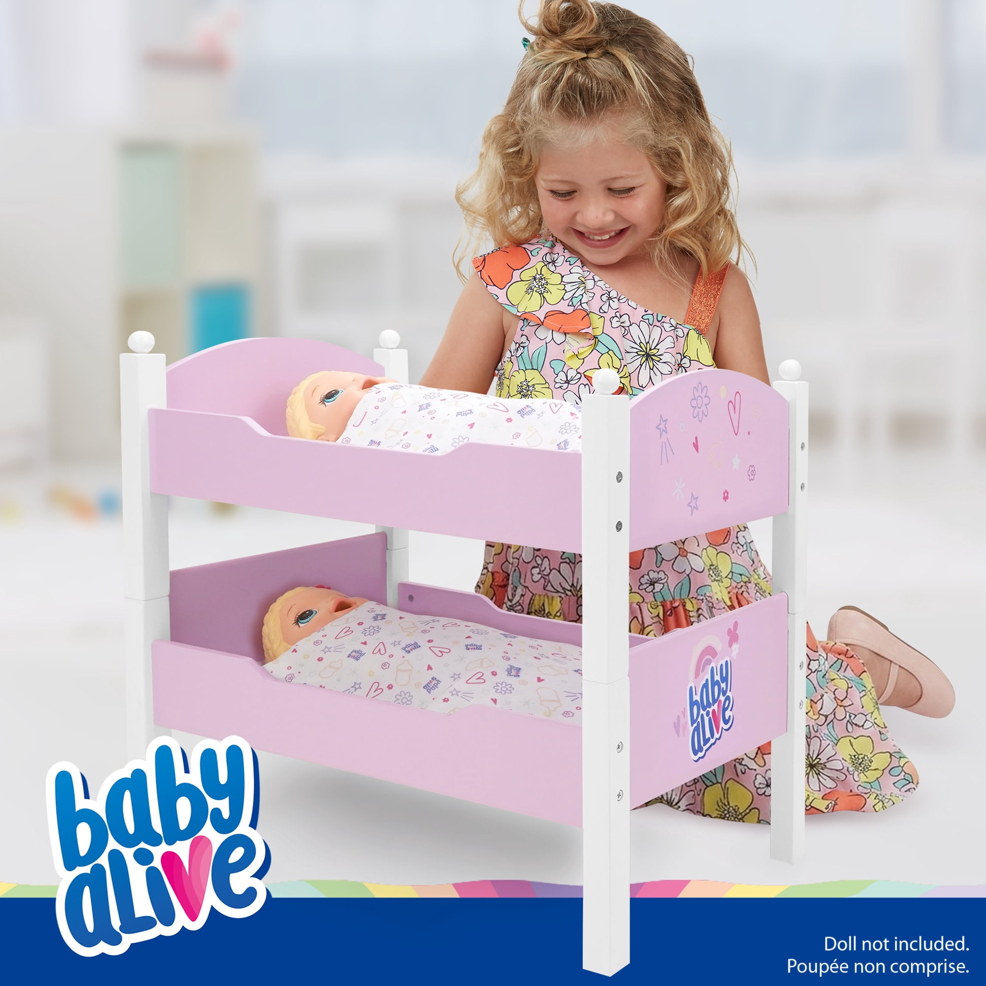 509 Crew: Baby Alive - Wooden Doll Bunk Bed - Pink-White-Purple, Convertible to Single Beds, Blankets & Pillows, Doll Sleep Accessory Toy, Kids 3+