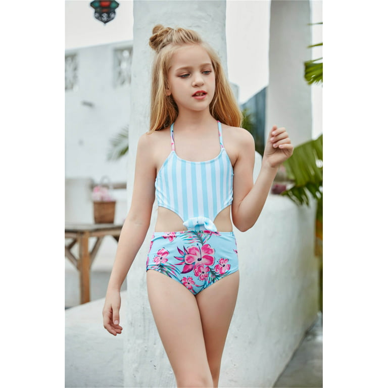 Cathalem Swimsuit Girl Size 10 Swimwear Casual Solid Bikini Cute Holiday  Piece One Print Striped Swim Suit for Kids Girls 10-12 Swimwear Light Blue