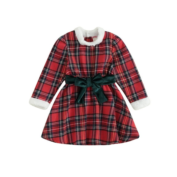 Kids Girls Christmas Dress Plaid Plush Patchwork Bowknot Long Sleeve Dress Fall Casual Princess Dress