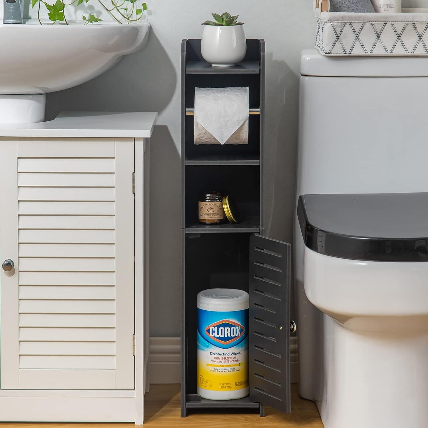 Toilet Paper Holder Stand: Bathroom Storage Cabinet Beside Toilet Storage for Small Bathroom with Toilet Roll Holder - Black