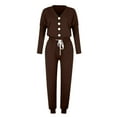 thumbnail image 2 of 2 Piece Sweatsuits Long Sleeve Lounge Sets Womens Button Up V Neck Top and Joggers Pant Fall Outfits, Brown L, 2 of 5