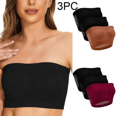 Dazajoo 3 PC Womens Padded Bandeau Sports Tube Top Bra Strapless Wireless Solid Seamless Yoga Workout Bralette Breathable Comdy Daily Underwear for Women 2024 Wine XXL
