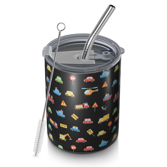 12oz Coffee Tumblers Cartoon Traffic Vehicles Signs Black Pattern Stainless Steel Vacuum Insulated Travel Tumbler Coffee Cups Mug with Lid and Straw with Cleaning Brush for Cold & Hot Drinks