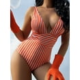 thumbnail image 3 of Hotian Women Stripe One Piece Swimsuit Plunge V Neck One Piece Bathing Suit Deep V-Neck Sexy Swimwear Red S, 3 of 5