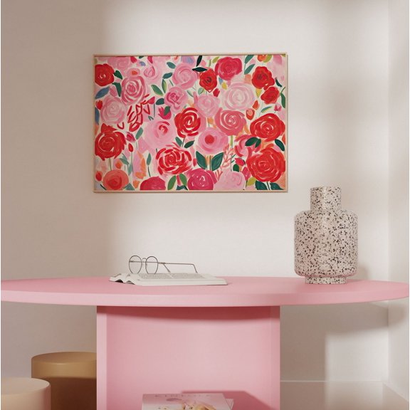 Pink and Red Rose Painting: Girly Floral Art Print, Christmas Home Dcor, Christmas Wall Art, 8x12 UNFRAMED