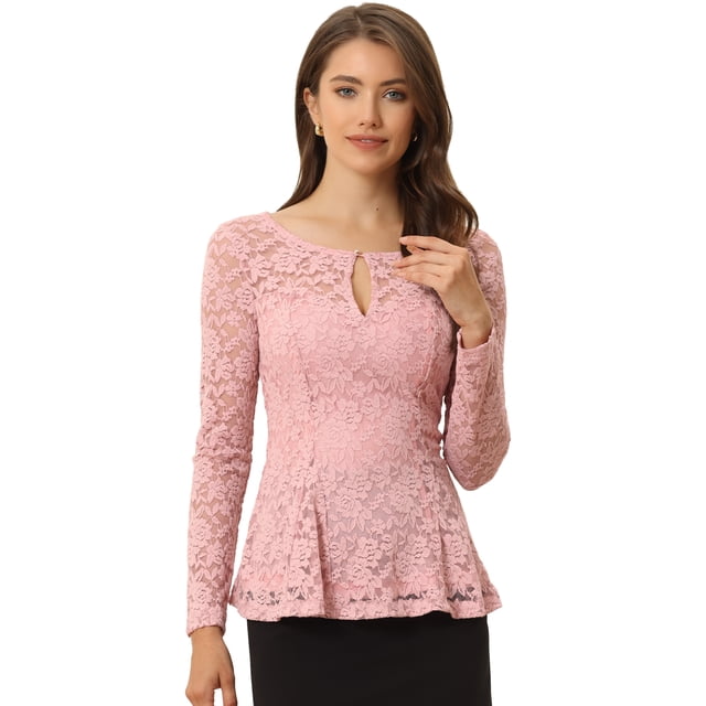 Blusa de encaje floral elegante de manga larga con cuello redondo para mujer Rosa XL