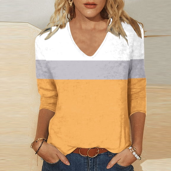 Womens Plus Size Tops 3/4 Length Sleeve Fall Fashion Trendy Casual Going Out Tops Cold Shoulder V Neck Gradient Plaid Graphic Shirts Casual Elegant Fall Blouse