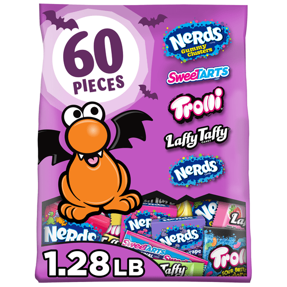 Nerds Core Winners Halloween Trick-or-Treat Variety Bag, NERDS Gummy Clusters, SweeTARTS, Trolli, Laffy Taffy, and NERDS Original, 60 Pieces, 20.58 Ounces