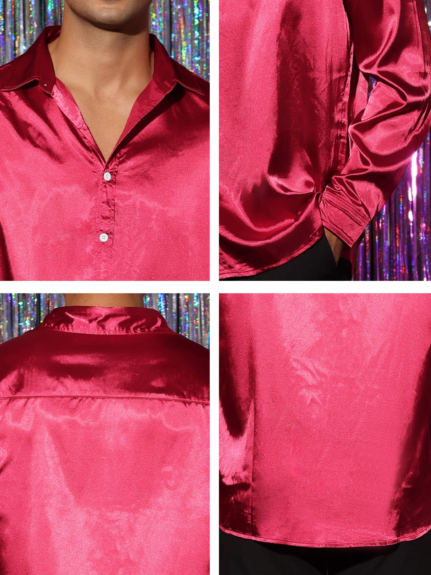 Unique Bargains Men's Satin V Neck Long Sleeves Button Down Prom Shirts XL Burgundy