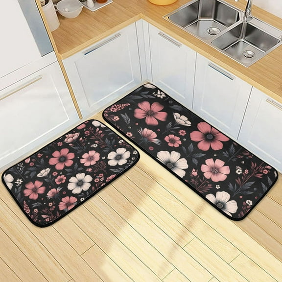 Pink Flower on Black Kitchen Mats Non Slip Standing Desk Mat Runner Rug Washable Kitchen Rugs for Floor 2PCS