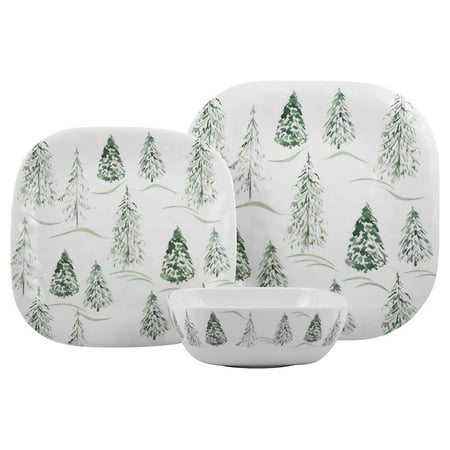 Melange 608410091986 12-Piece 100% Dinnerware Set for 4 Christmas Collection-Wild Xmas Trees Shatter-Proof and Chip-Resistant Melamine Dinner Plate, Salad Plate & Soup Bowl (4 Each), 10.5