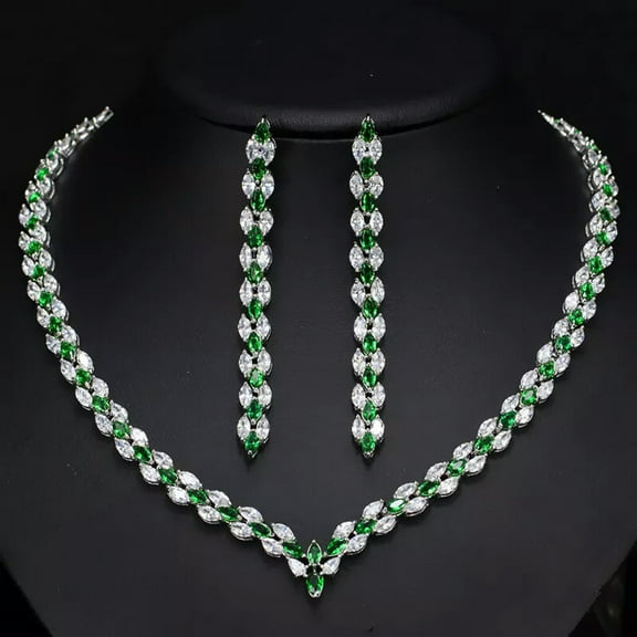 CZ Green Long Leaf Necklace and Earring Bridal Wedding Silver Plated Jewelry Set
