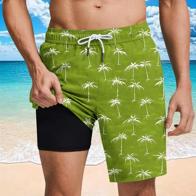 Sentmoon Mens Swim Trunks with Compression Liner Elastic High Waist Loose 2025 Summer Athletic Shorts Drawstring Hawaiian Print Lightweight Golf Shorts with Pockets Trendy for Hangouts Yellow S