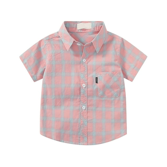DXOUPM Girls Short Sleeved Shirt Versatile Lapel Button Down Plaid Tops Kids Trendy Clothes