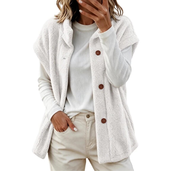 NominalSnug Womens Fuzzy Fleece Vest Stand Collar Sleeveless Button Down Jacket With Pockets Winter Coat