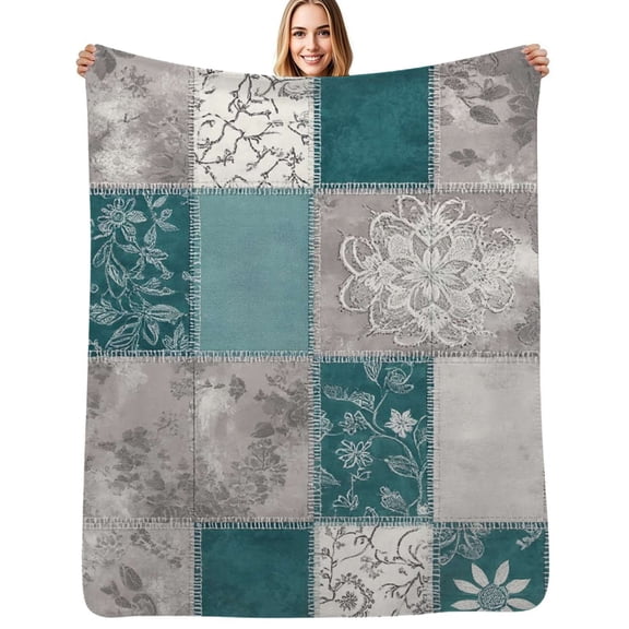 Teal gray patchwork floral design Flannel Blanket Warm Soft Bedding Throws Winter Camping Chair Sofa Bed