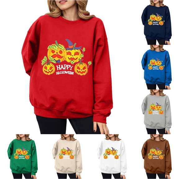 DHFJKG Pumpkin Sweatshirts Women Happy Halloween Printed Long Sleeve Crewneck Casual Loose Pullover Tops