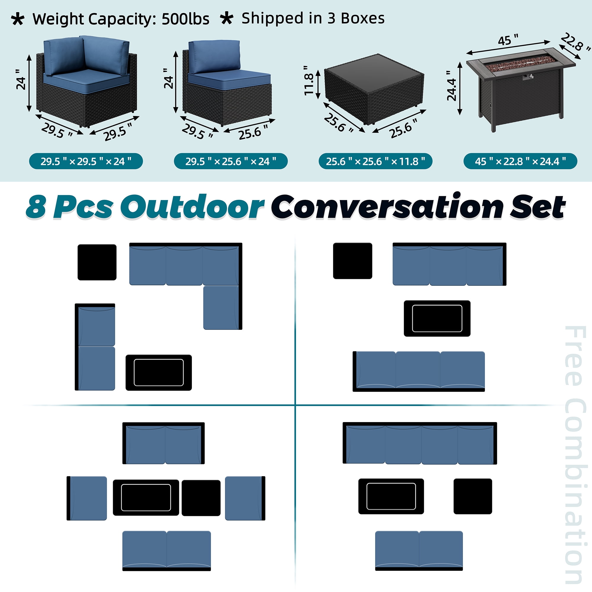 Walsunny 8 Pieces Patio Wicker Rattan Fire Pit Furniture Conversation Sets with Outdoor Sectional Sofa,45" Gas Propane Fire Pit Table,Glass Coffee Table,Black Rattan Blue Cushion