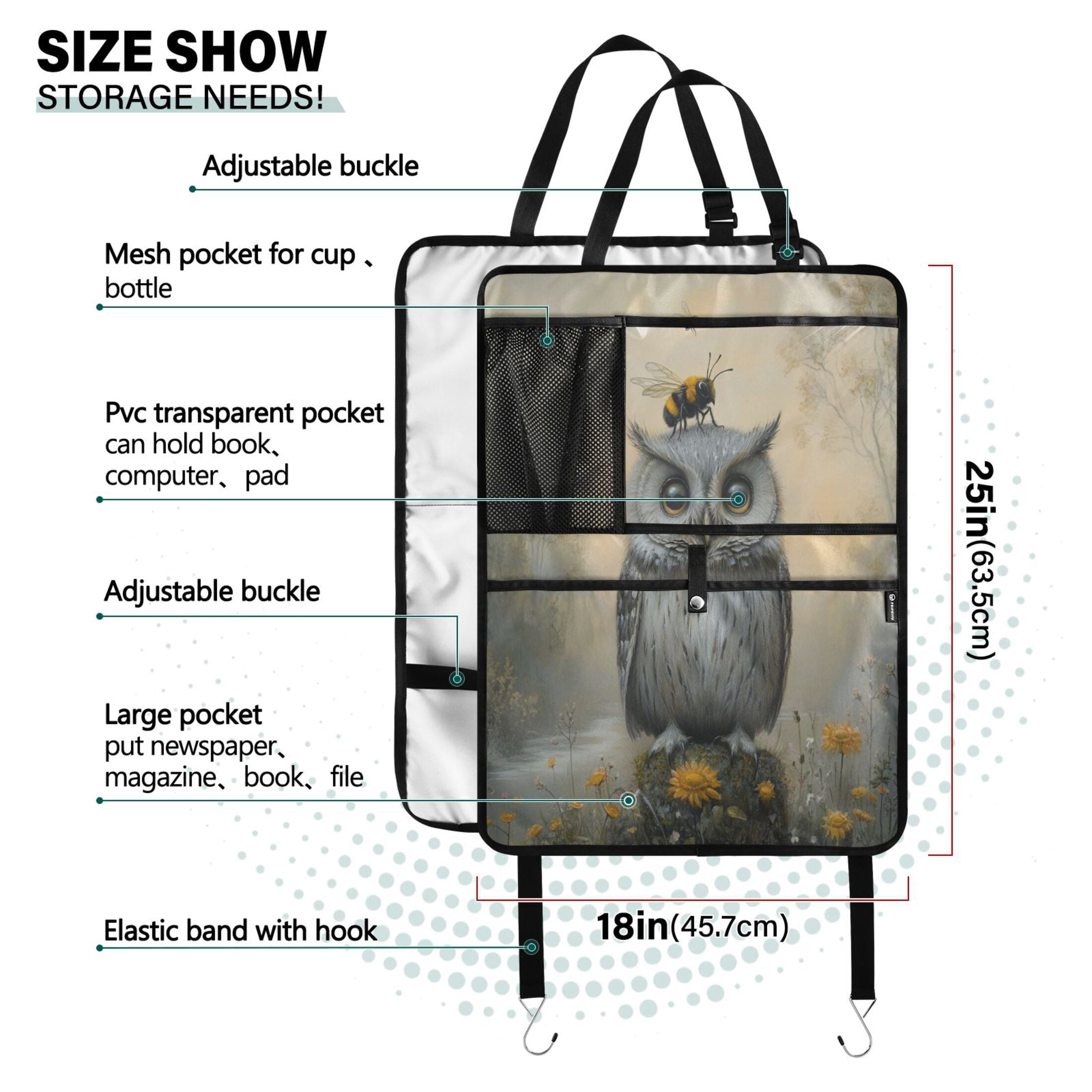 WOBOGO Owls and Bees Pattern Backseat Car Organizer 2 PCS Footed Universal Car with Touch Screen Tablet Holder Rear Seat Protector