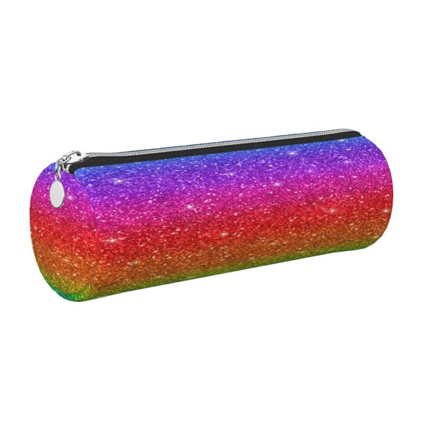 Easygdp Rainbow Glitter para Estuche de Lápices Cilíndrico de Cuero con Cremallera, Organizador de Lápices de Cuero para Escuela, Oficina y Viajes