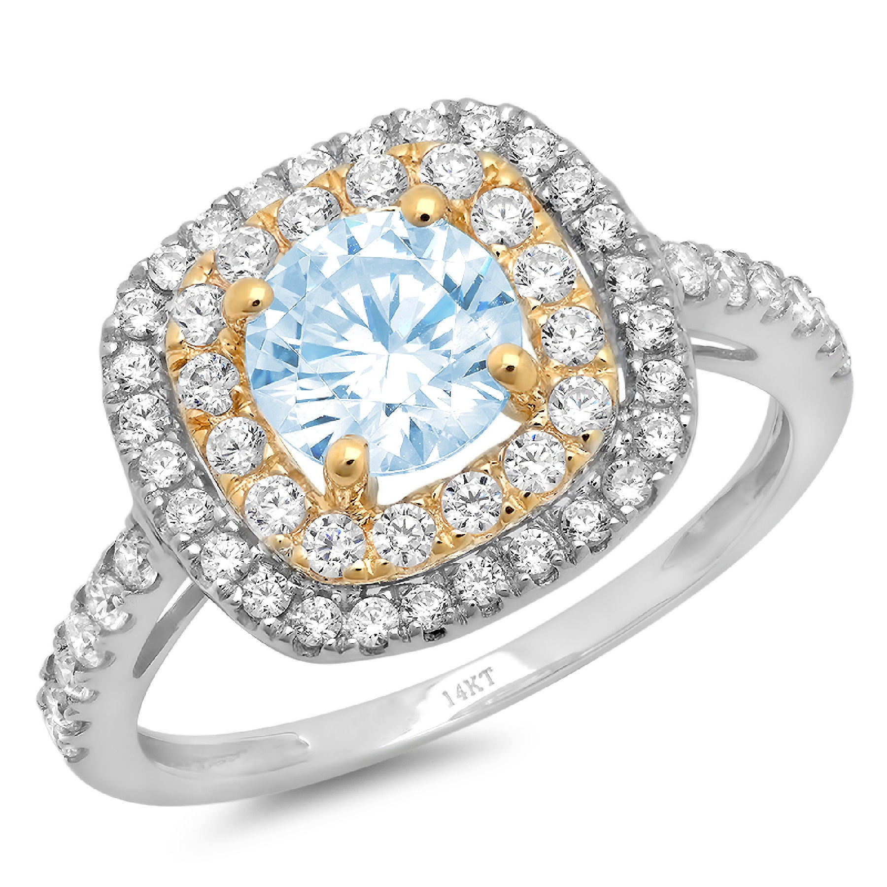 1.75 ct Brilliant Round Cut VVS1 Natural Sky Blue Topaz White Yellow 14k or 18k Gold Robotic Laser Engraved Halo Solitaire with Accents Ring