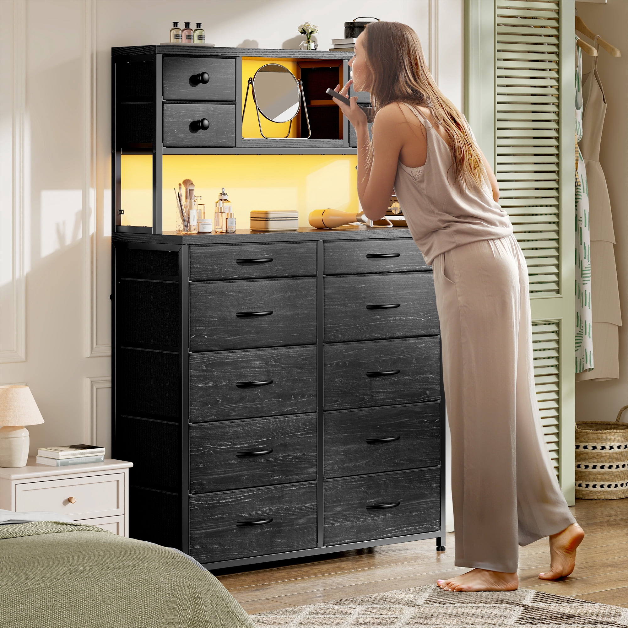 EnHomee Black Tall Dressers for Bedroom with Fabric 14 Drawers Dresser with LED Lights and Charging Station,Chests of Drawers with Open Shelves,,62.8"H*11.8"D*35.4"W