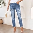 thumbnail image 4 of Women's Mid Rise Distressed Straight Leg Jeans with Raw Hem, Classic Blue Denim Casual Pants for Everyday Wear, 4 of 4