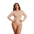 thumbnail image 2 of POSESHE Women's Plus Size Long Sleeve Bodysuit,Slim Fit Crew Neck Tops Cotton Bodysuit for Women,Beige,Size 1XL, 2 of 8