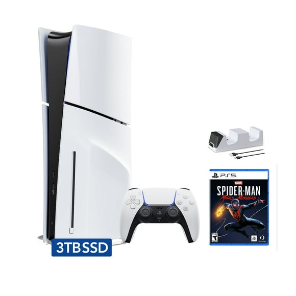 PlayStation 5 Slim Disc 3TB SSD Edition Bundle with Spider-Man: Miles Morales and C-Gamers Dual-Controller Charger - PS5, White