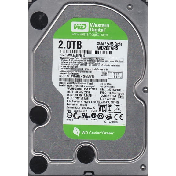 WD20EARS-00MVWB0, DCM HARNHTJMAB, Western Digital 2TB SATA 3.5 Hard Drive