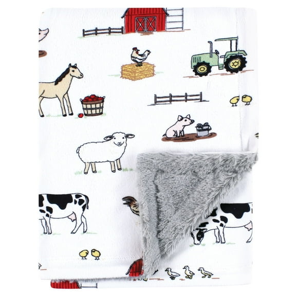 Hudson Baby Plush Blanket with Furry Binding and Back, Farm, One Size