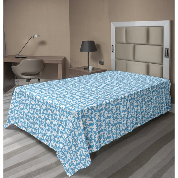 Ambesonne Abstract Flat Sheet, Simplistic Floral Inspired, Twin Size, Deep Sky Blue and White