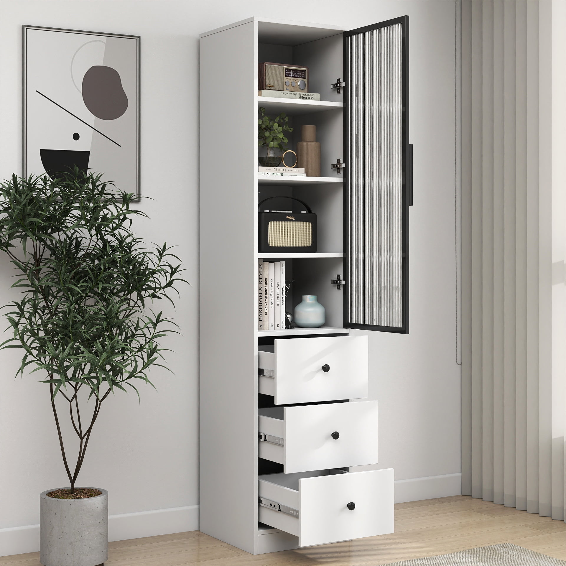 Tall Bathroom Storage Cabinet Narrow Unit with Glass Door 3 Drawers, White