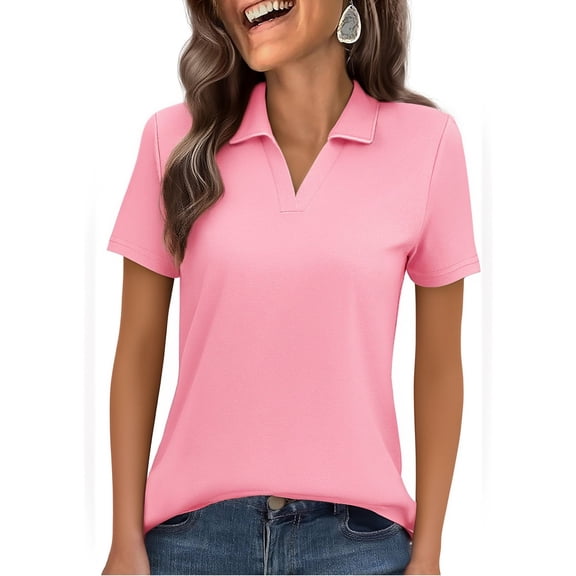 Women's Short Sleeve V Neck Polo Shirts Summer Collared Tops Casual Loose Tees Tops,Pink L