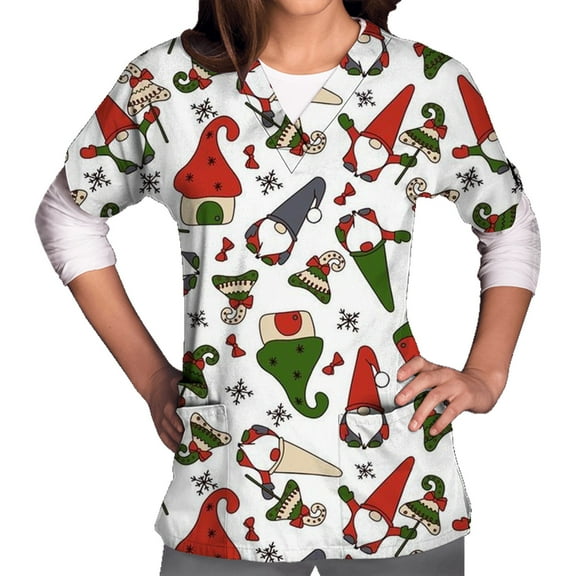 Luxalzxs Christmas Printed Scrub Shirt Nurse Uniforms for Women, Short Sleeved V-Neck Protective Work Clothes Tops Holiday Scrub Tops