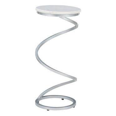 Linon Atlee White Marble 10.5" Round Drink Table with Iron Spiral Base in Silver