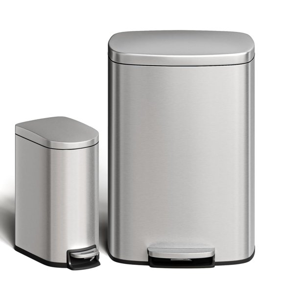 Garvee Step-on Trash Bin Set 2 Pack, 13.2 Gallon & 2.6 Gallon, Silver