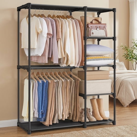 Ledrem Freestanding Closet Organizer with Hanging Rods & Shelves, Portable Wardrobe, Black